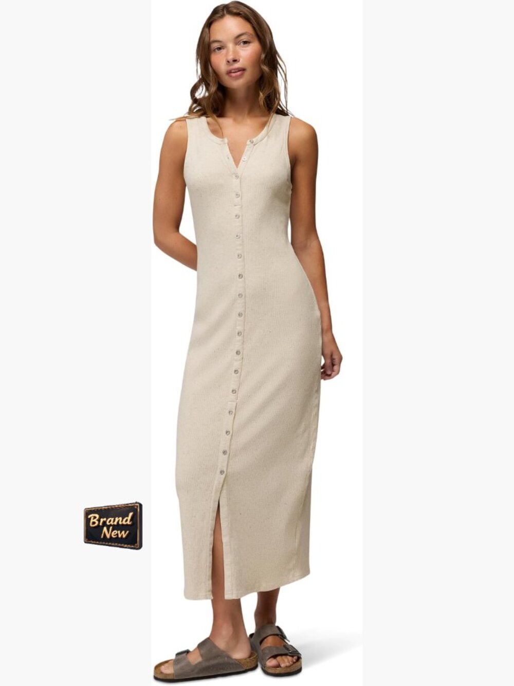 Fitted Ribbed Organic Cotton Maxi Dress Sleeveless Scoop Neck Pull-On